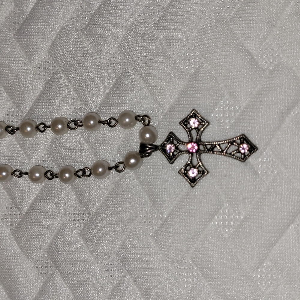 SOLD Necklace Pink Rhinestone Cross Faux Pearl Silver Colored Chain